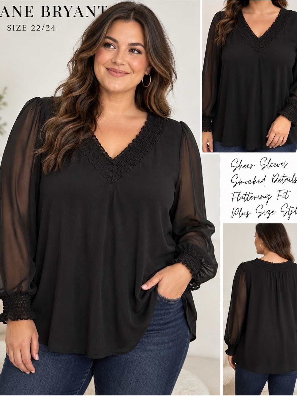 Lane Bryant Black Sheer Sleeve Smocked V Neck Blouse Plus Size 22/24